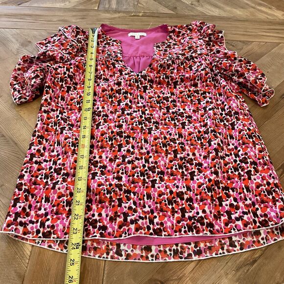 Anna Cate Ruffle Sleeve Blouse XS Pink Red Abstract Print V-Neck Feminine Top - Picture 7 of 7